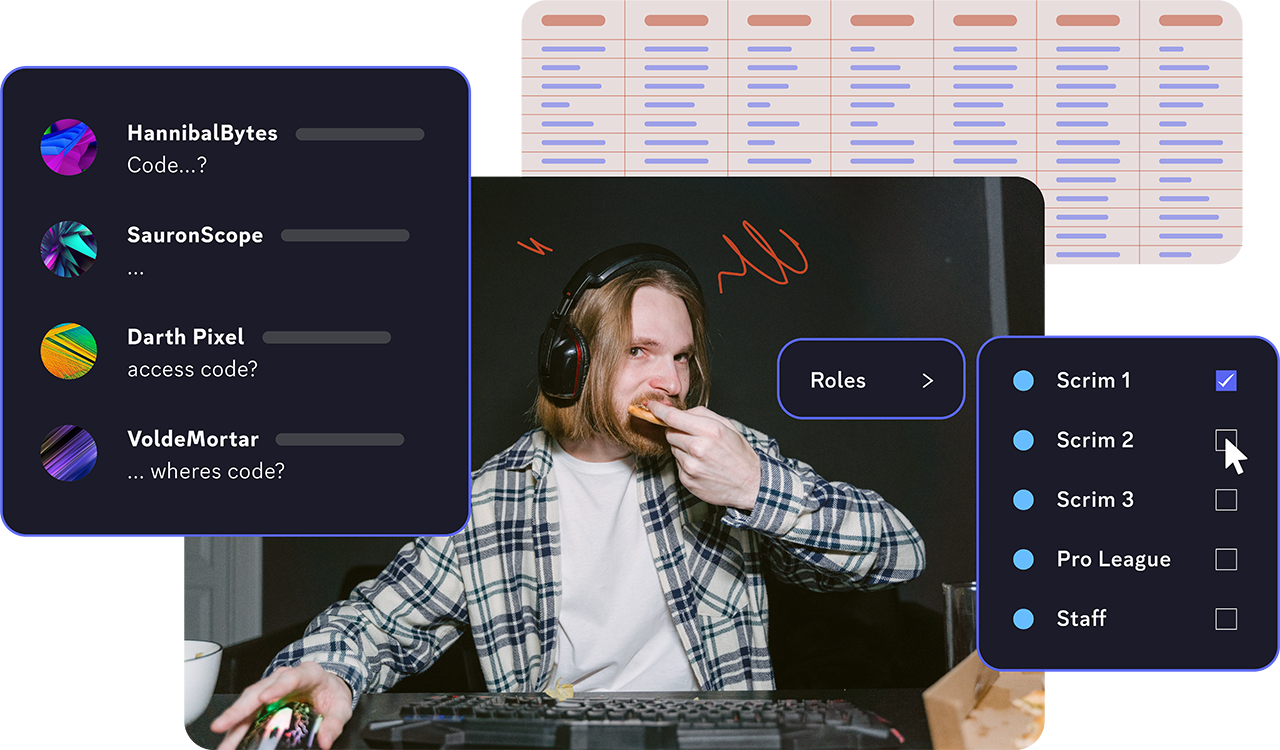 An esports admin working flat out, surrounded by all the admin tools he has to use